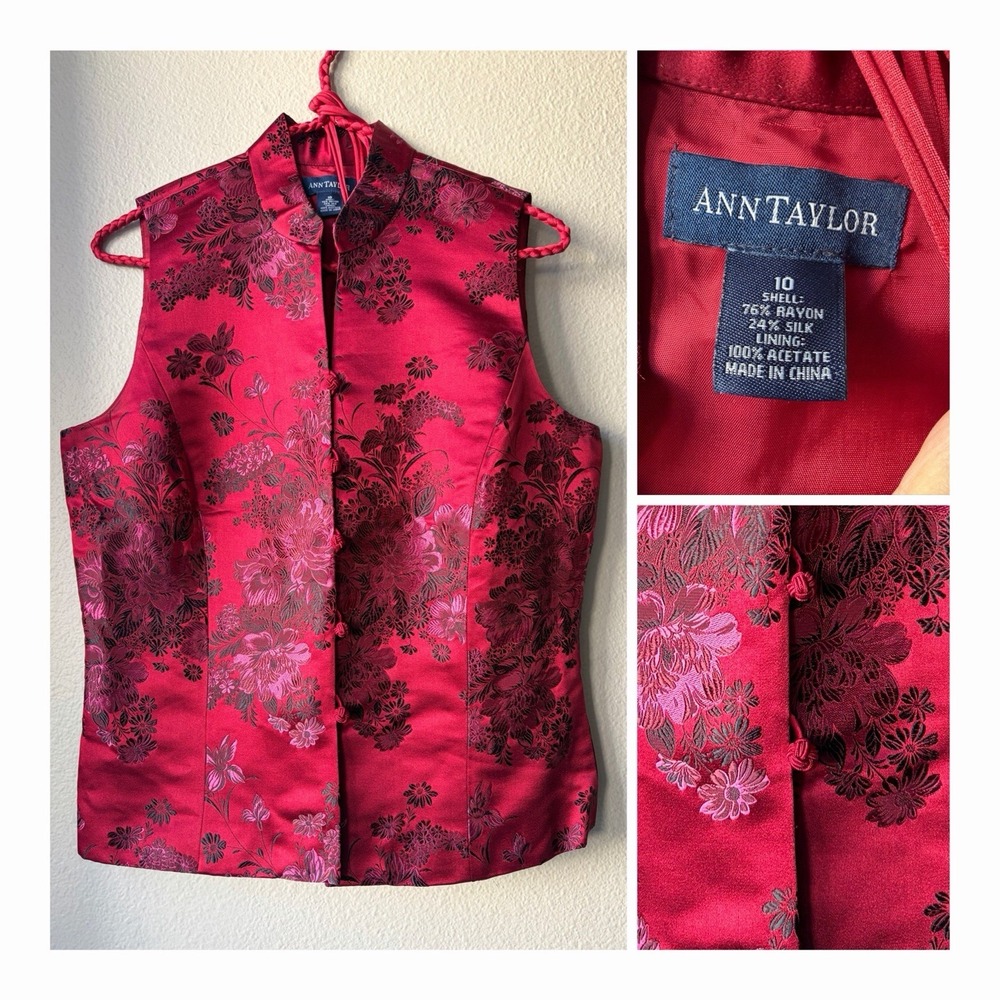 Vintage Ann Taylor Silk Blend Floral Vest 10 M Chinoiserie Mandarin Collar 90s